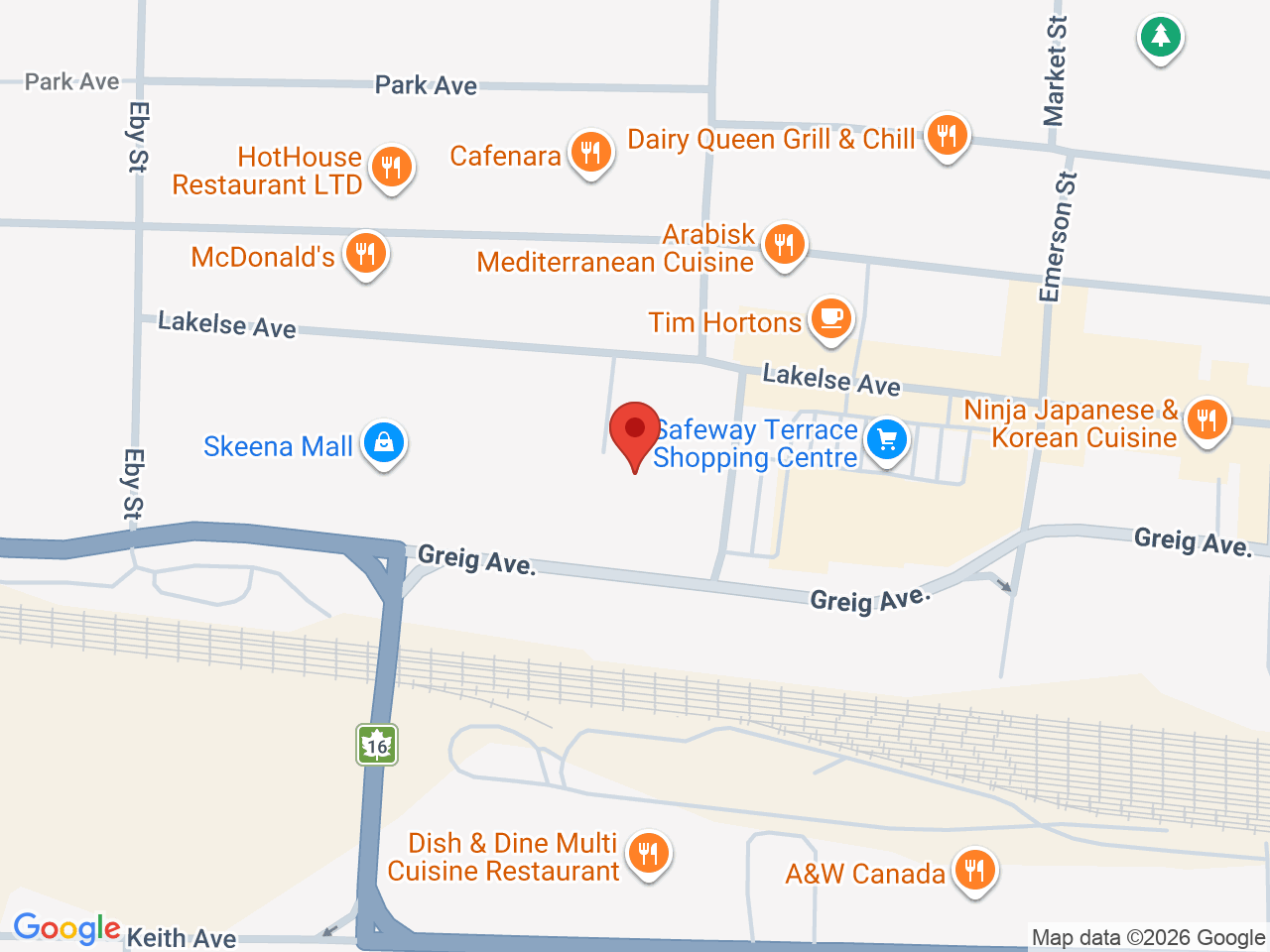 Street map for KJ's Best Cannabis, 118-4717 Lakelse Ave, Terrace BC