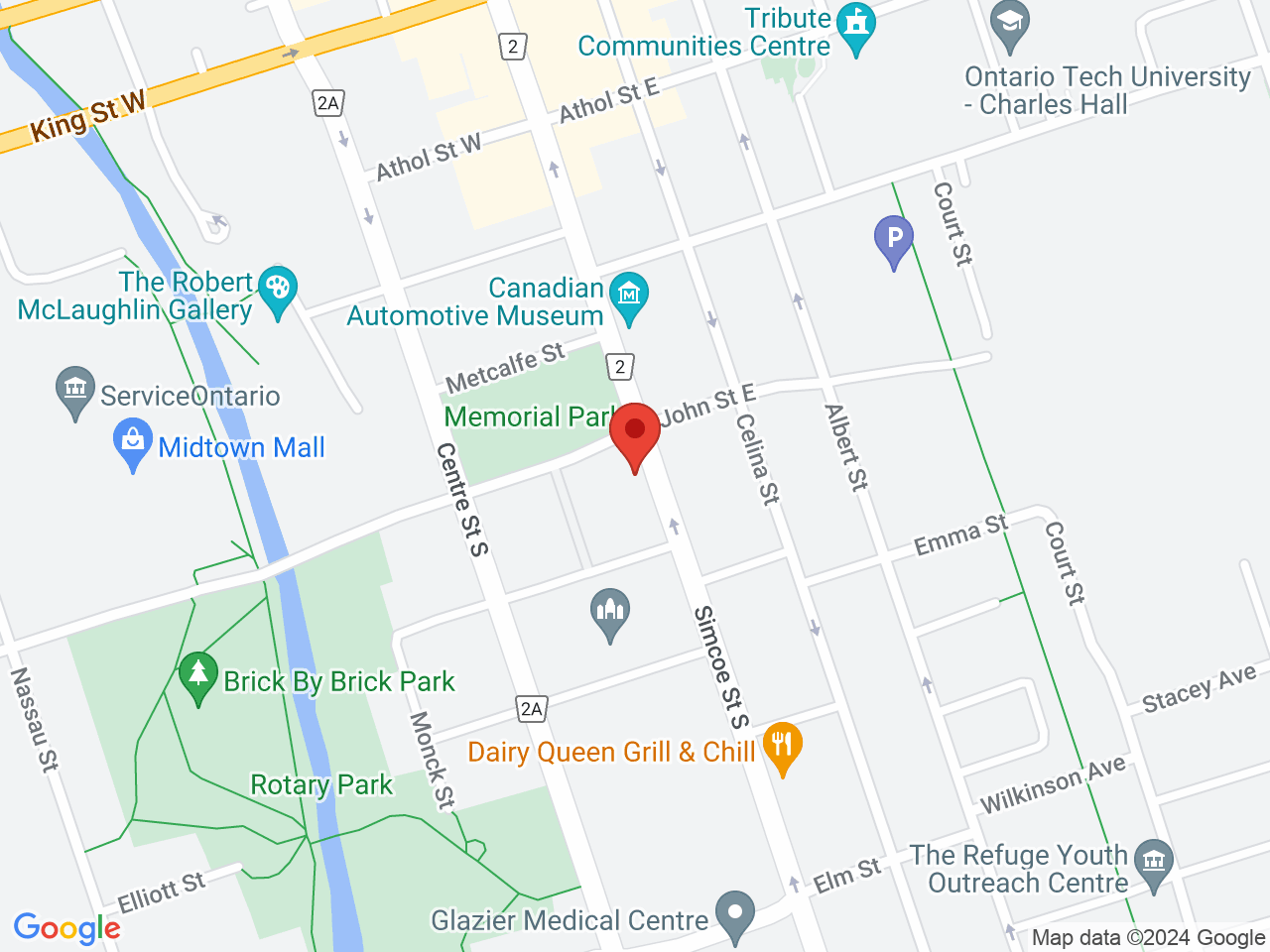 Street map for Canna Buzz Inc, 142 Simcoe St S, Oshawa ON