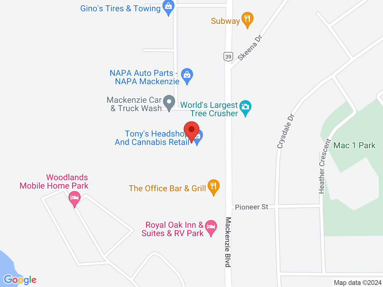 Street map for Tony's Headshop and Cannabis Retail, 120 Mackenzie Blvd, Mackenzie BC