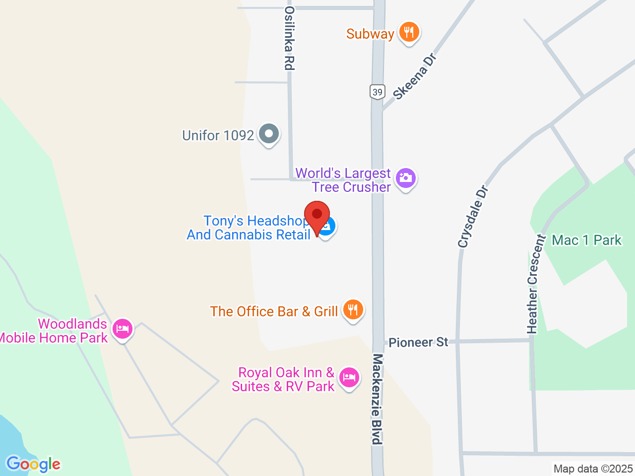 Street map for Tony's Headshop and Cannabis Retail, 120 Mackenzie Blvd, Mackenzie BC