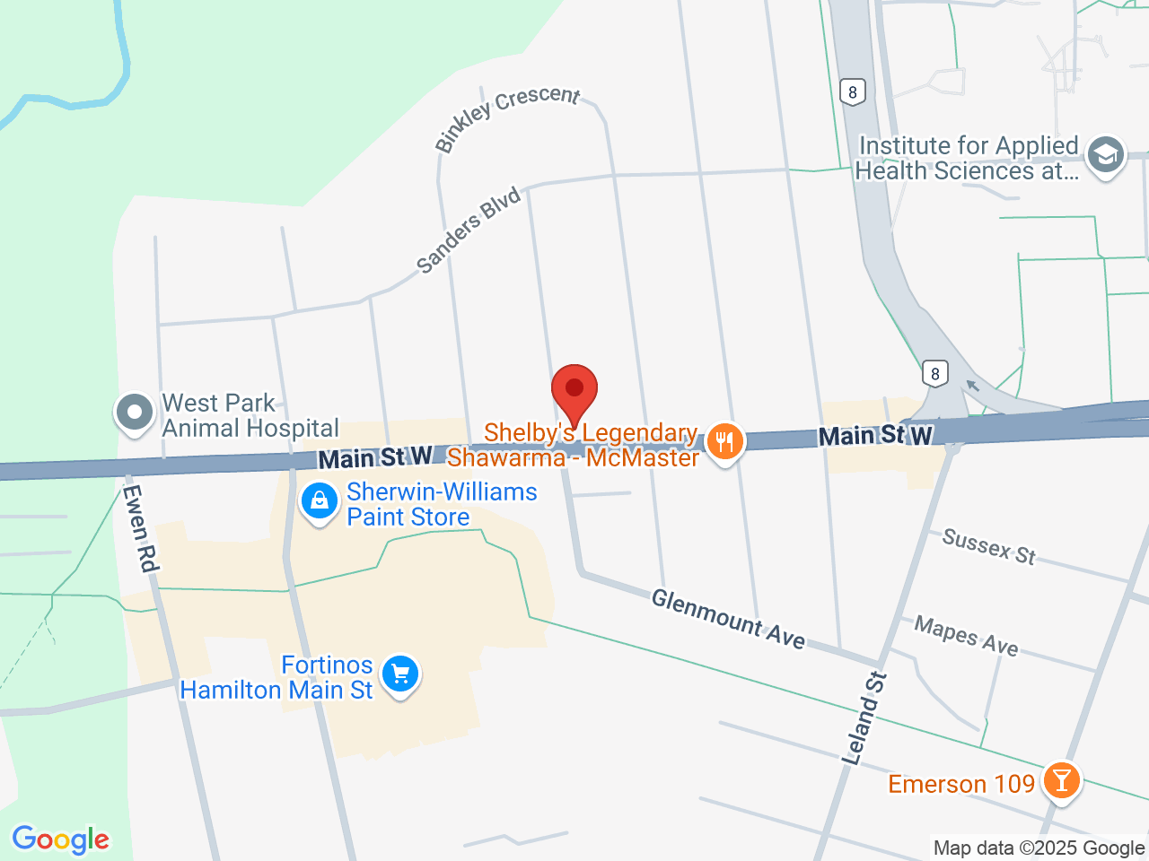 Street map for Bud Brothers Cannabis Hamilton, 1568 Main St W, Hamilton ON