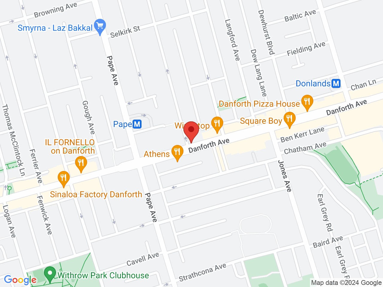 Street map for Canvas Cannabis, 730 Danforth Ave. Suite 1, Toronto ON