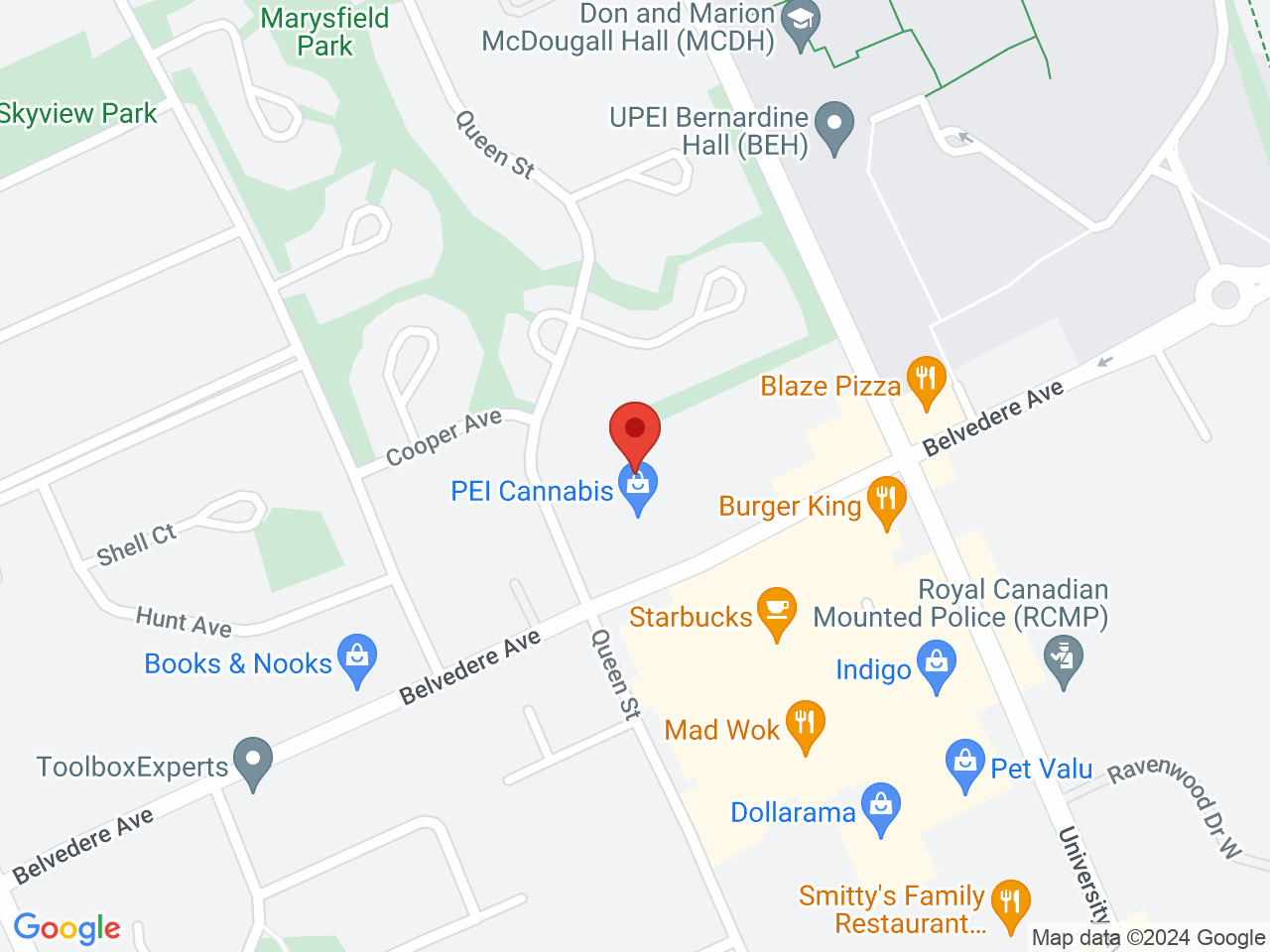 Street map for PEI Cannabis, 85 Belvedere Ave., Charlottetown PE