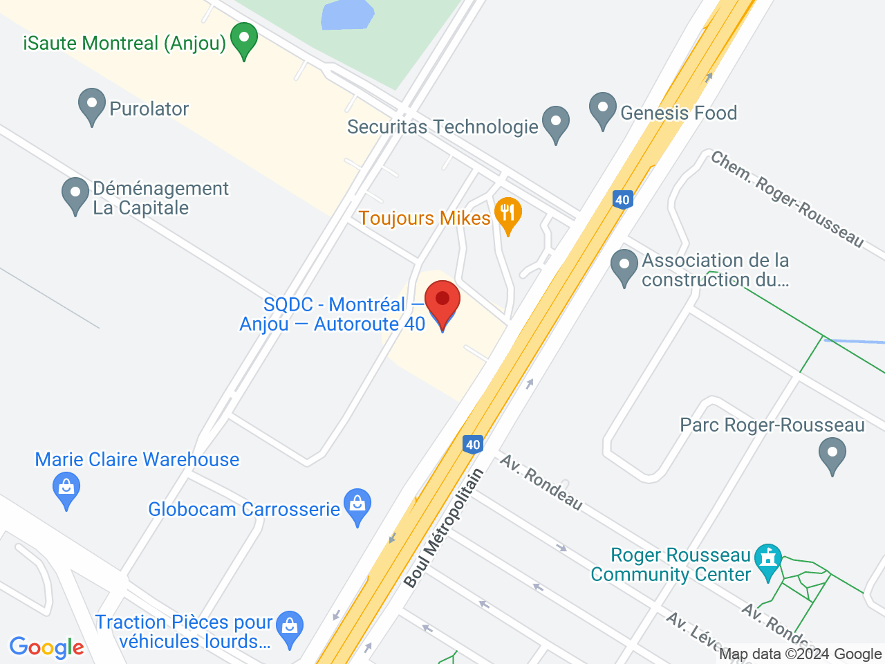 Street map for SQDC Montreal – Anjou – Autoroute 40, 9201 boulevard Metropolitain Est, Montreal QC