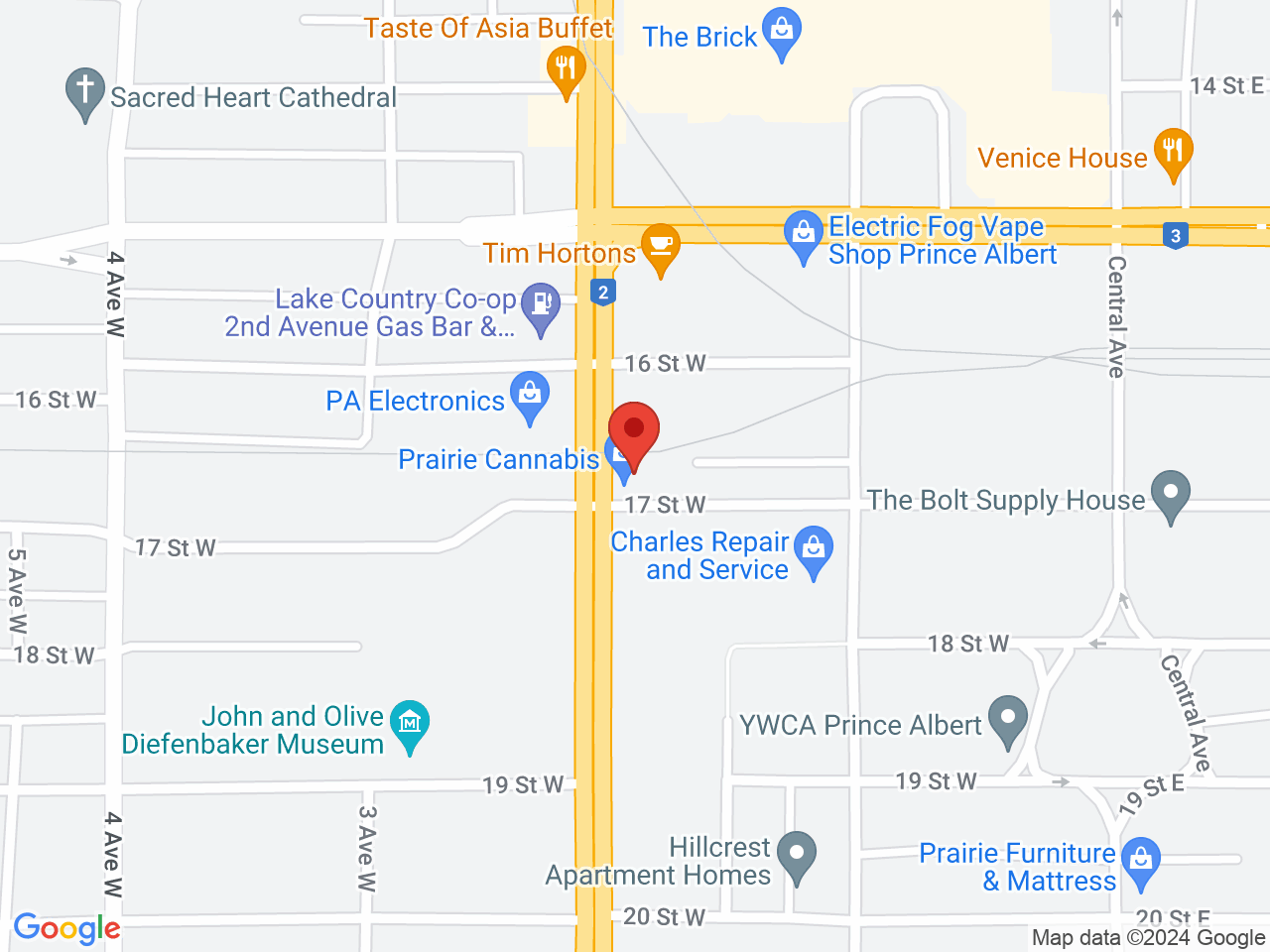 Street map for Prairie Cannabis, 180 17th St W, Prince Albert SK