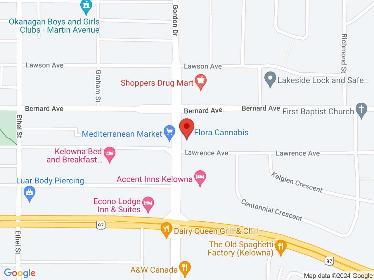 Street map for Flora Cannabis, 102-1100 Lawrence Ave., Kelowna BC