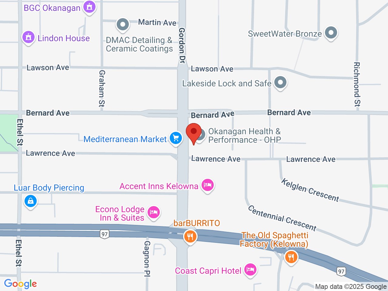 Street map for Flora Cannabis, 102-1100 Lawrence Ave., Kelowna BC