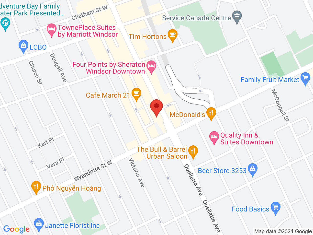 Street map for J. Supply Co. Windsor, 545 Ouellette Ave, Windsor ON