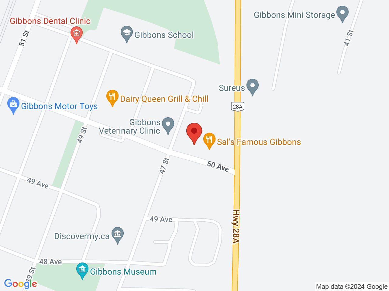 Street map for Sunrise Cannabis Retail, 4614 50 Avenue, Gibbons AB
