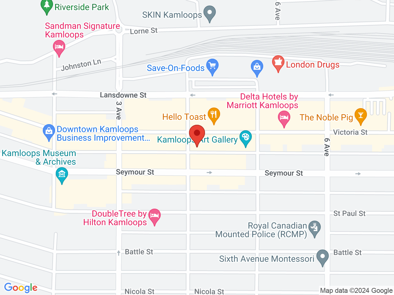 Street map for The Greenloops Cannabis Shop, Plaza Hotel Building, 231 4th Ave., Kamloops BC