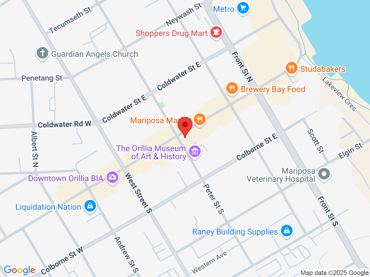 Street map for Miss Jones Cannabis Sunshine City Outpost, 81 Mississaga St E, Orillia ON