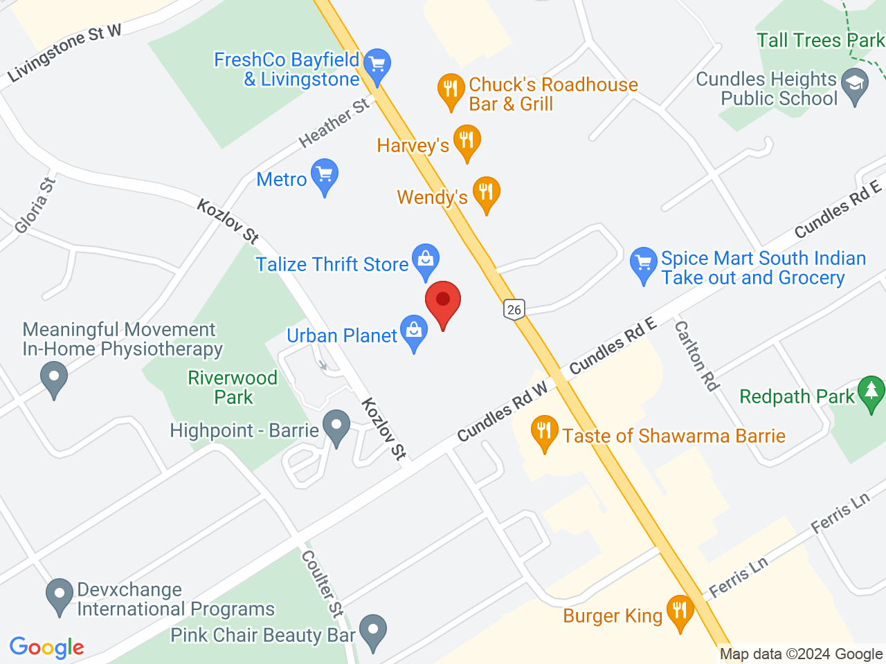 Street map for Miss Jones Cannabis Kozlov Outpost, 400 Bayfield St, Unit G58 G59 G61, Barrie ON