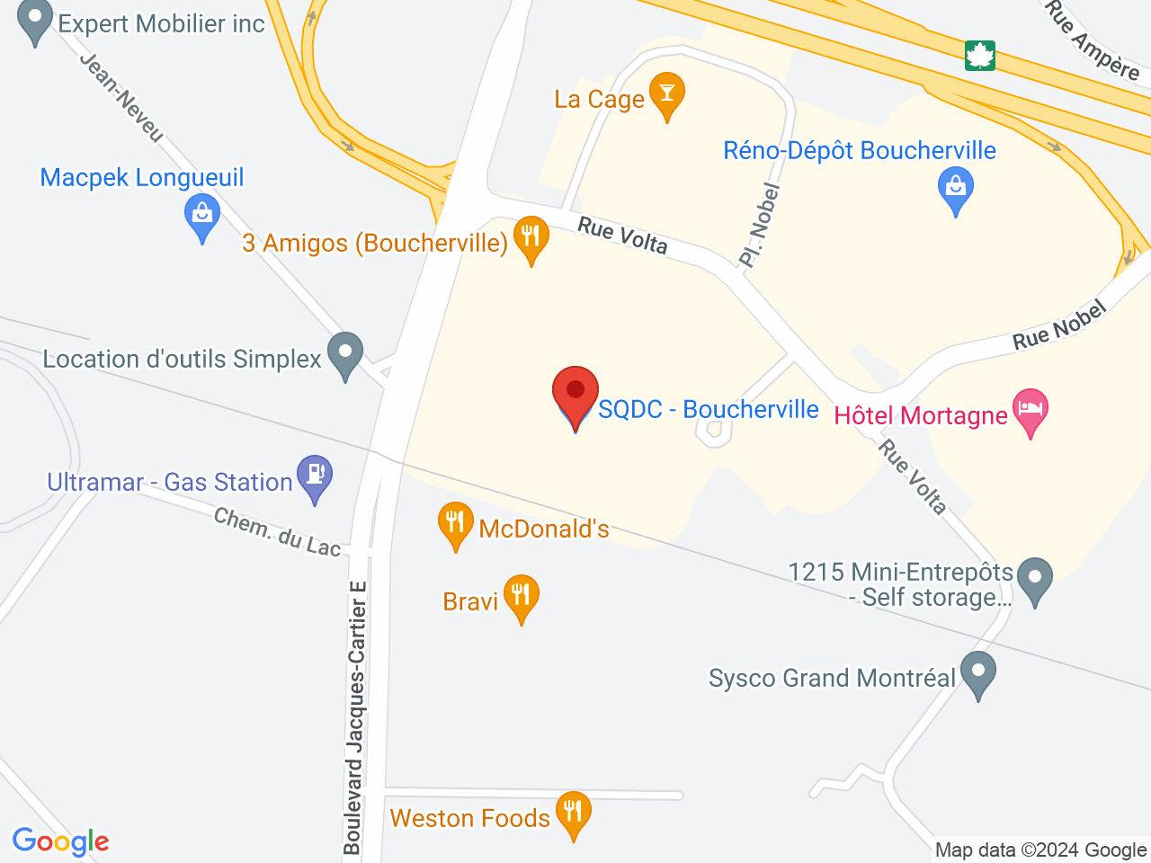 Street map for SQDC Boucherville, 20, boul. de Mortagne, Suite 20T, Boucherville QC