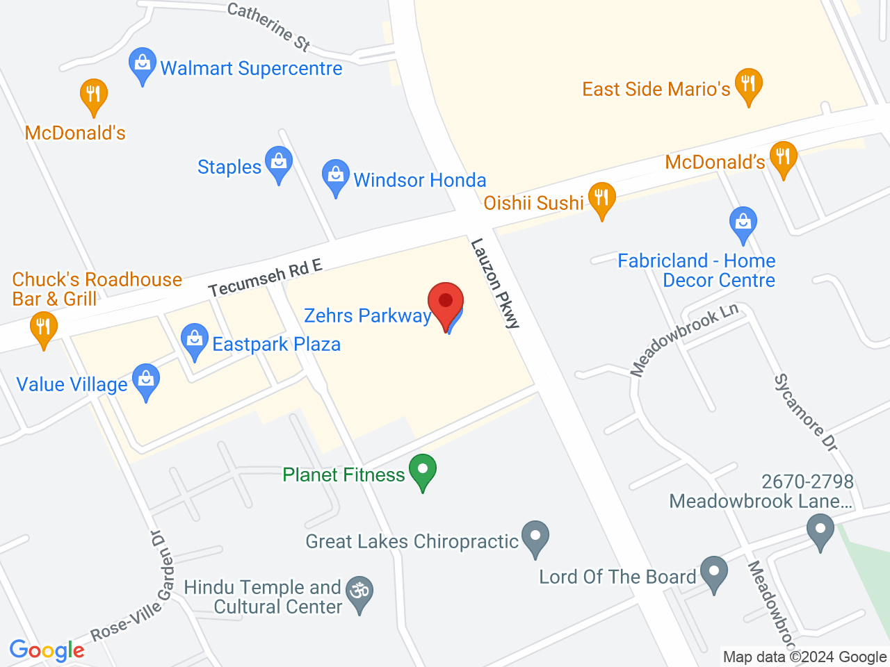 Street map for Fire & Flower Cannabis Co. East Windsor, 7201 Tecumseh Rd E #104, Windsor ON