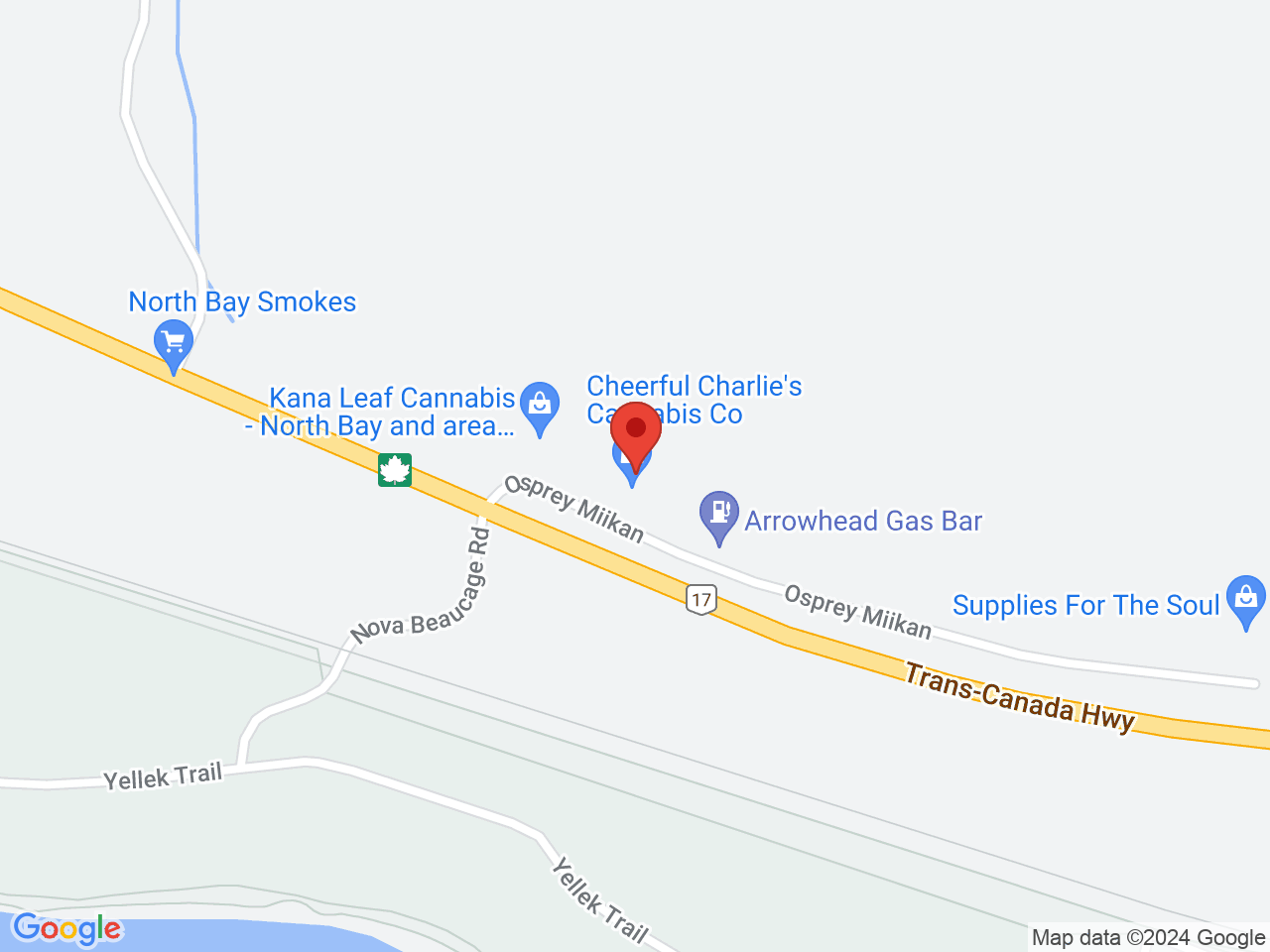 Street map for Cheerful Charlies Cannabis Co., 16 Osprey Miikan Rd, North Bay ON