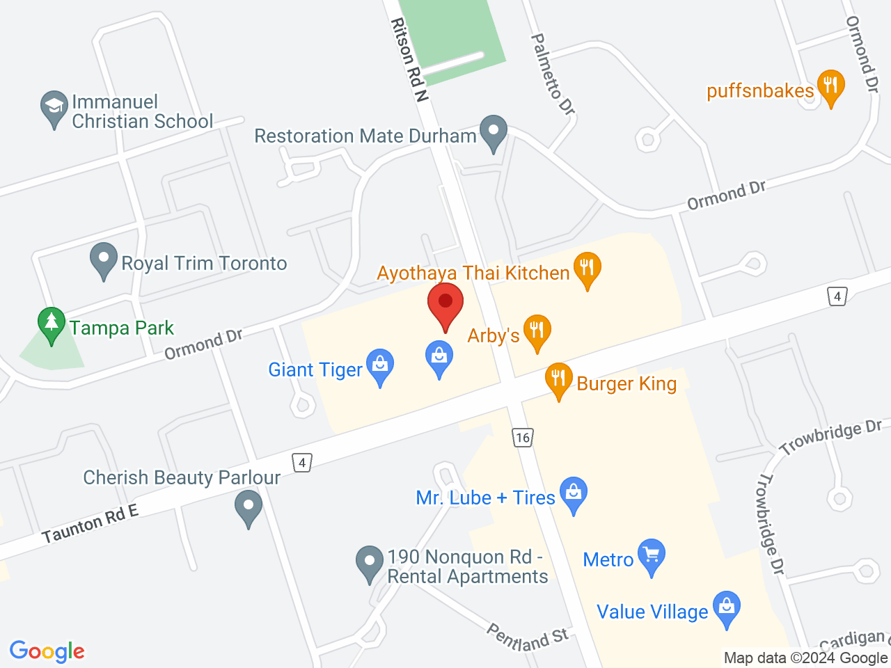 Street map for Spiritleaf Oshawa, 12-250 Taunton Rd East, Oshawa ON