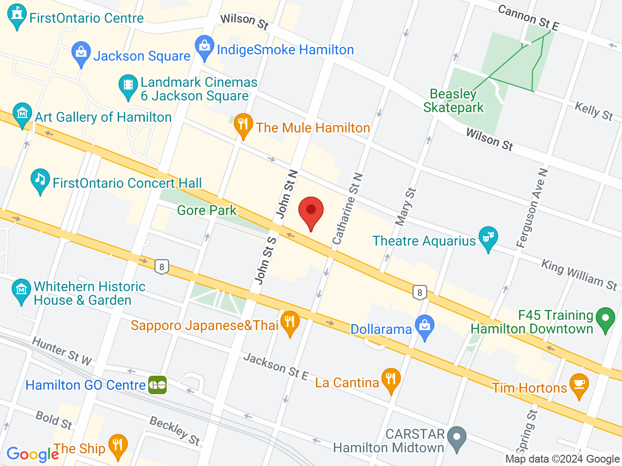 Street map for Spiritleaf Hamilton DT, 107A King St E, Hamilton ON