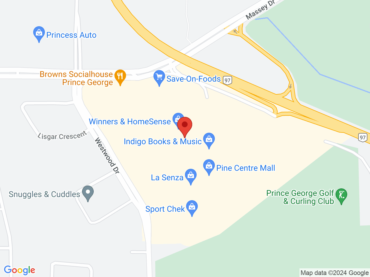 Street map for BC Cannabis Store Pine Center Mall, 3111 Massey Drive, Prince George BC