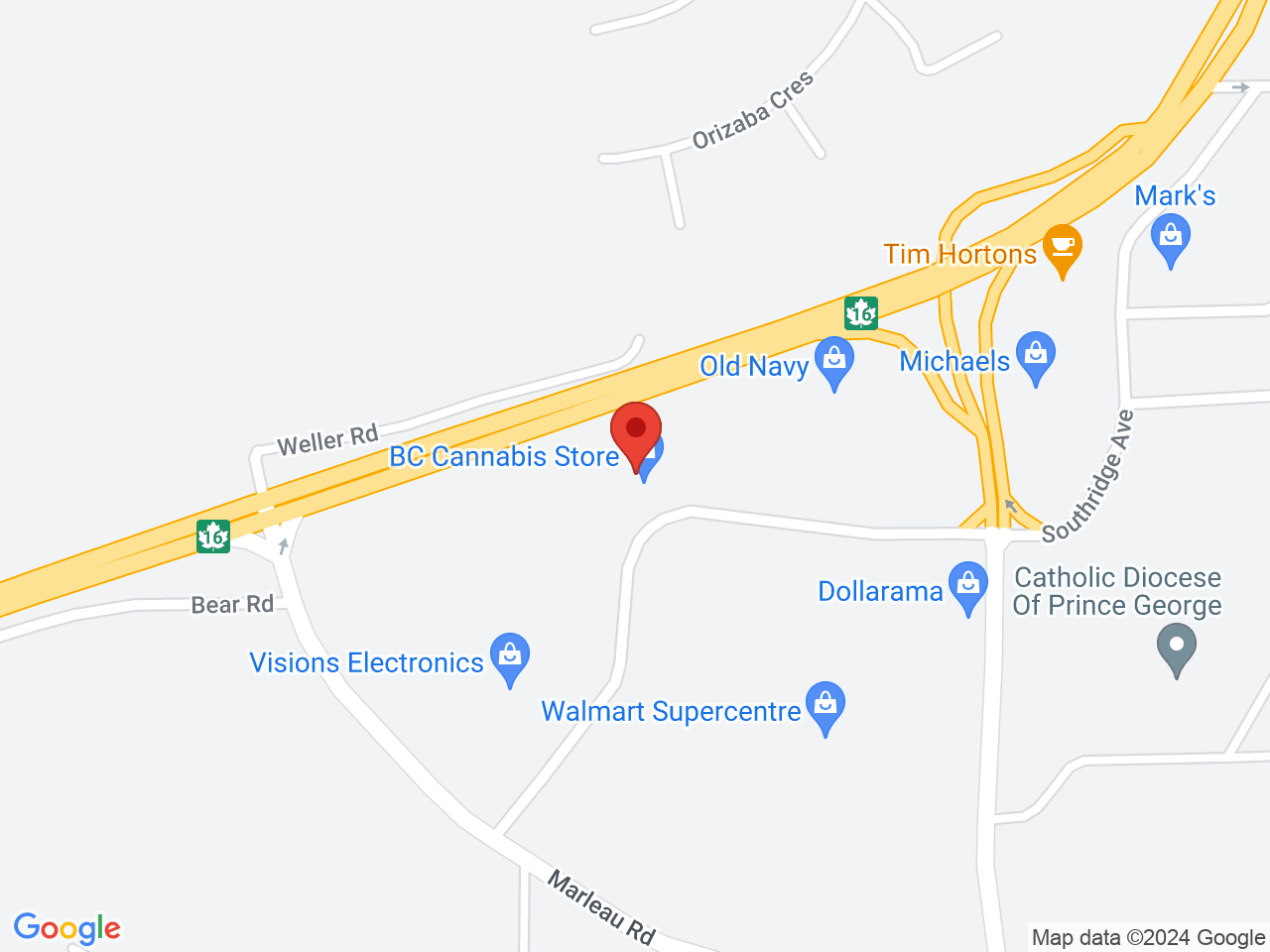 Street map for BC Cannabis Store West Gate, 6111 Southridge Ave., Prince George BC