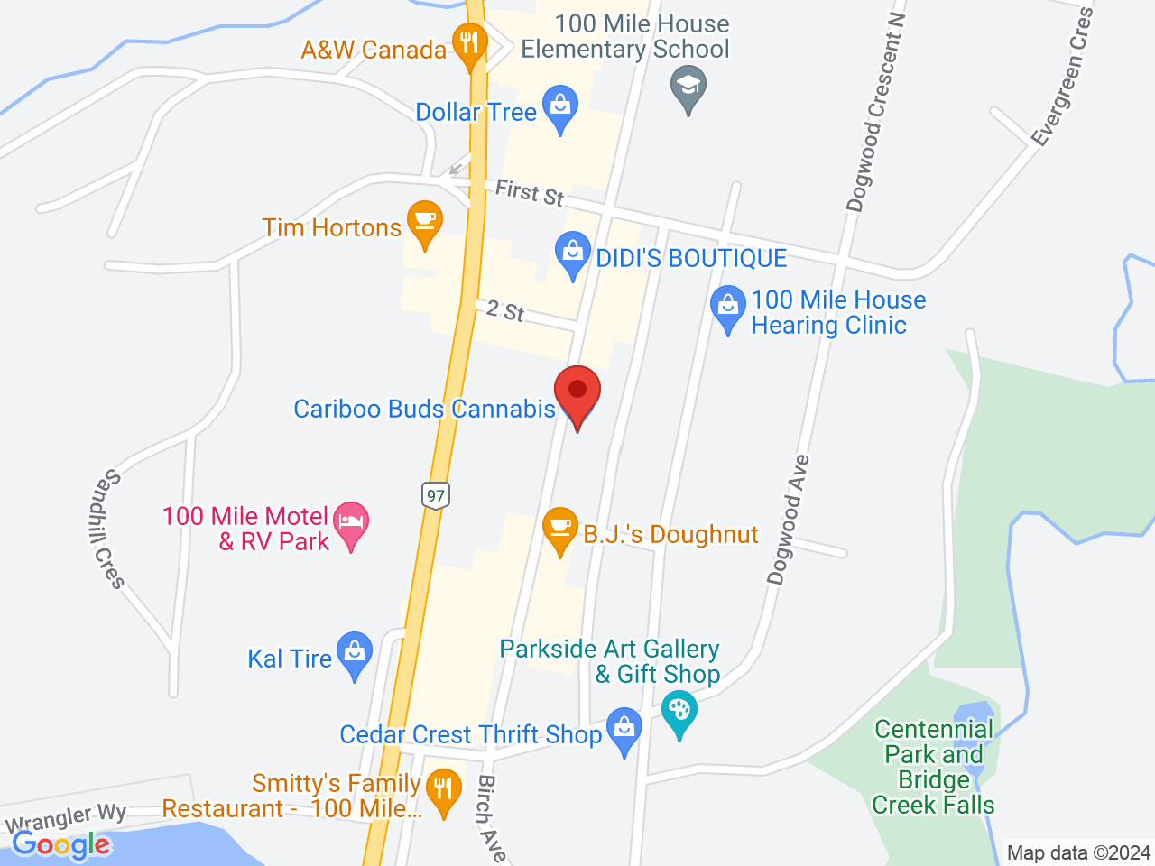 Street map for Cariboo Buds Cannabis, 245 Birch Ave, 100 Mile House BC