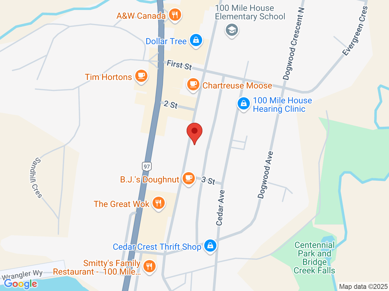 Street map for Cariboo Buds Cannabis, 245 Birch Ave, 100 Mile House BC