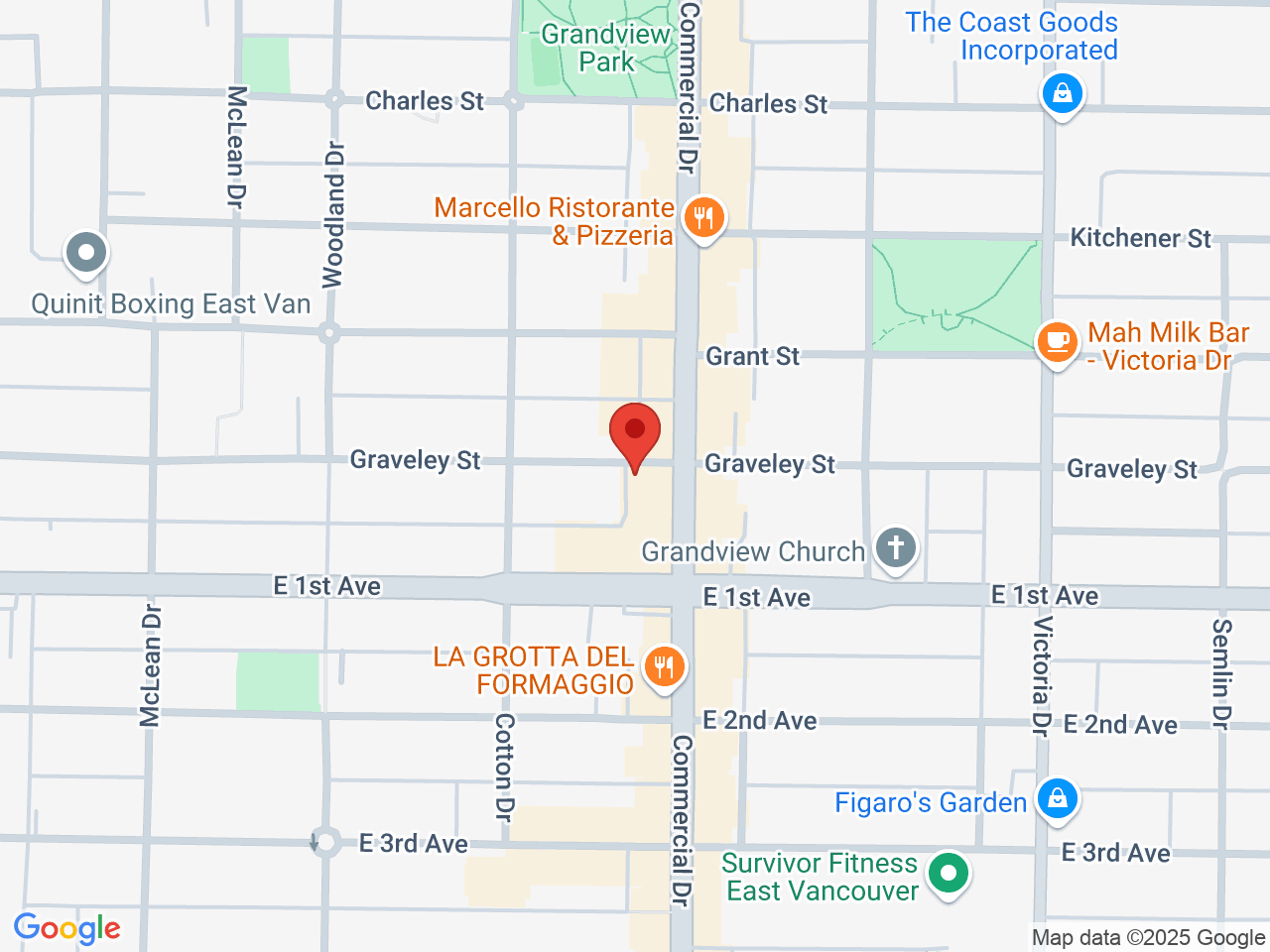 Street map for Kiaro Cannabis Commercial Drive, 1666 Graveley Street, Vancouver BC