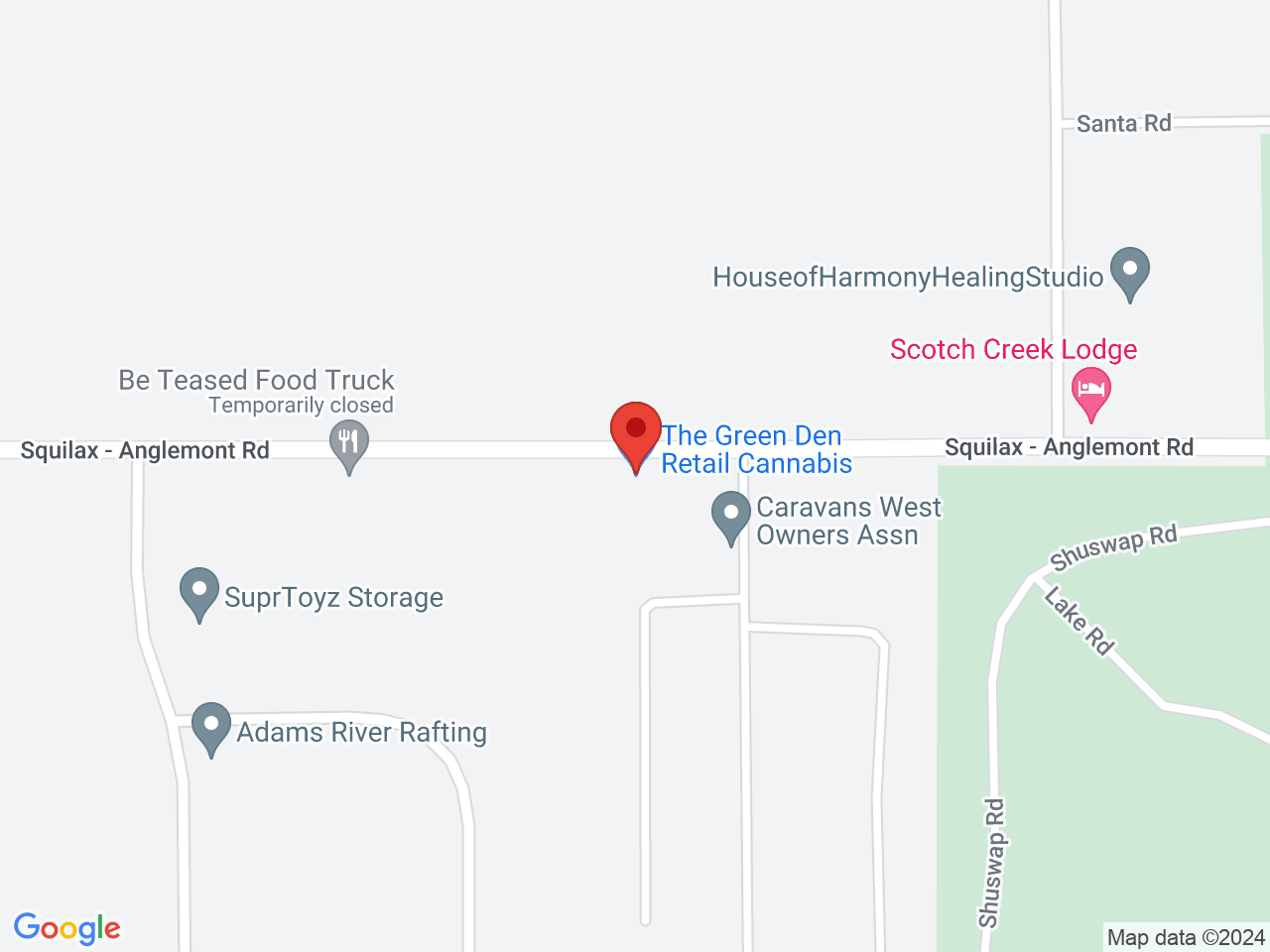 Street map for The Green Den Retail Cannabis, 3-3968 Squilax-Anglemont Road, Scotch Creek BC