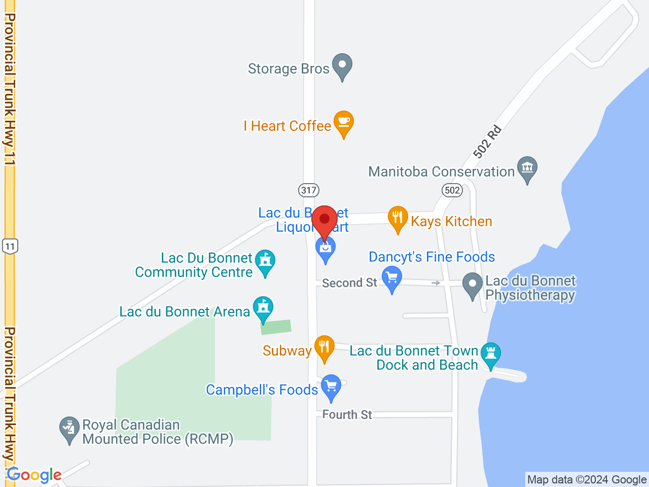Street map for Cottage Country Cannabis, 100 First St, Lac du Bonnet MB