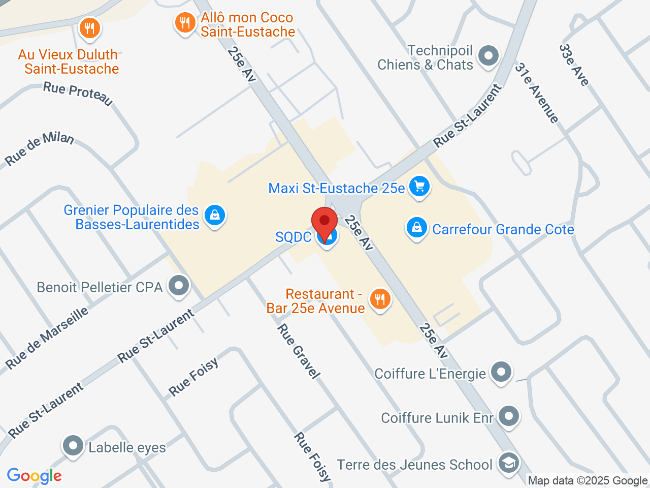 Street map for SQDC Saint-Eustache, 180, 25e avenue, Saint-Eustache QC