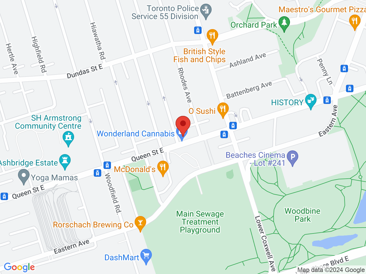 Street map for Wonderland Cannabis Beaches Leslieville, 1578 Queen St. East, Toronto ON