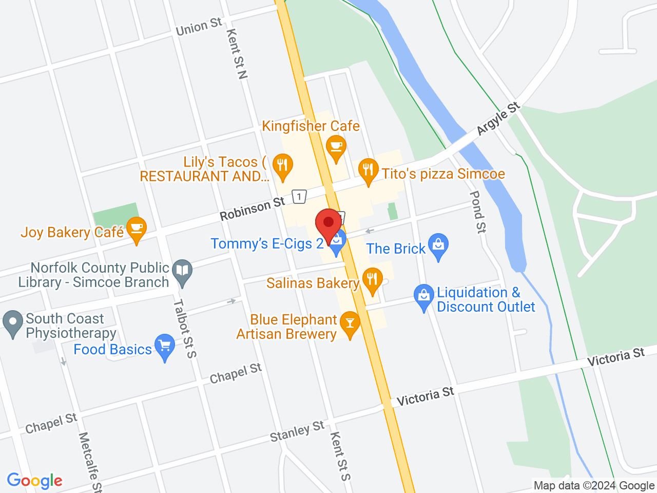 Street map for 1 Stop Cannabis, 38 Norfolk St S, Simcoe ON