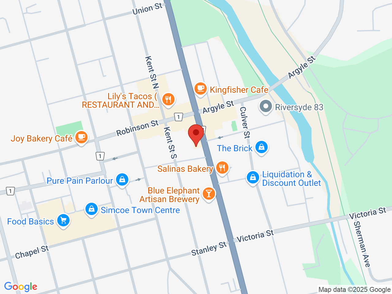 Street map for 1 Stop Cannabis, 38 Norfolk St S, Simcoe ON