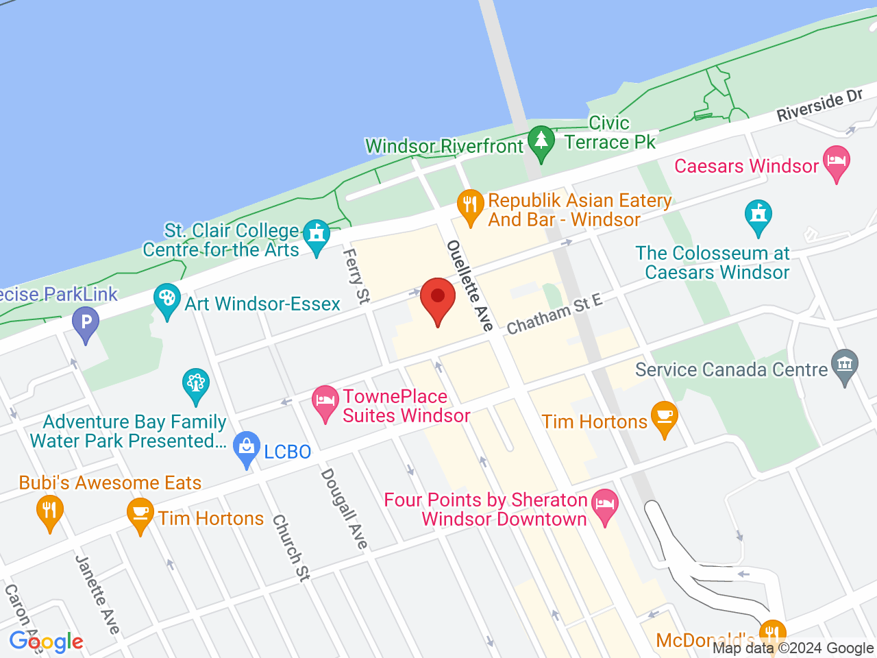 Street map for Greentown Cannabis, 74 Chatham St W, Windsor ON