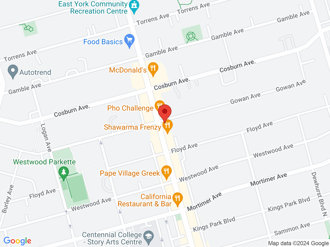 Street map for Growers Retail Pape Village, 1021 Pape Ave., Toronto ON