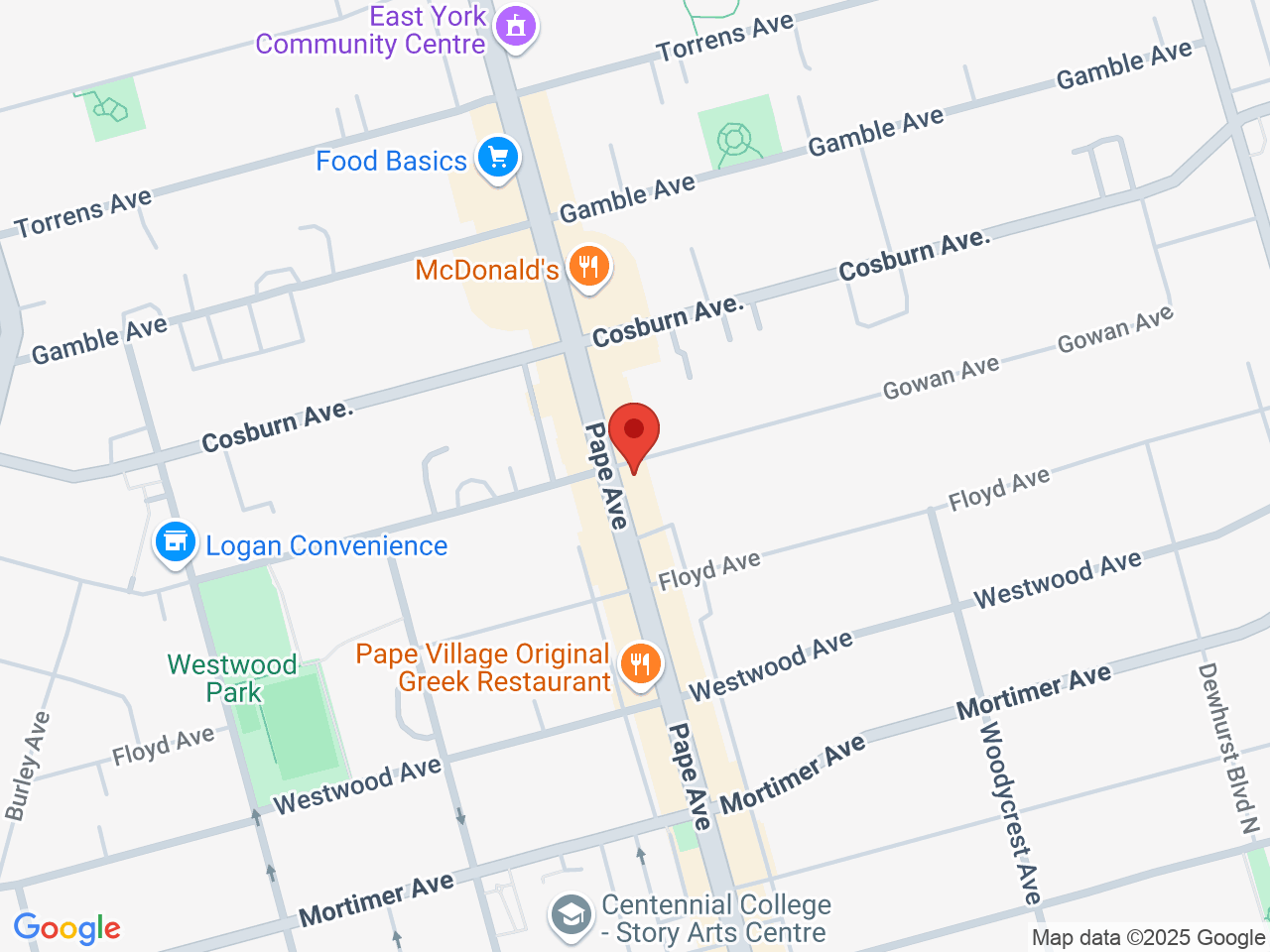 Street map for Growers Retail Pape Village, 1021 Pape Ave., Toronto ON