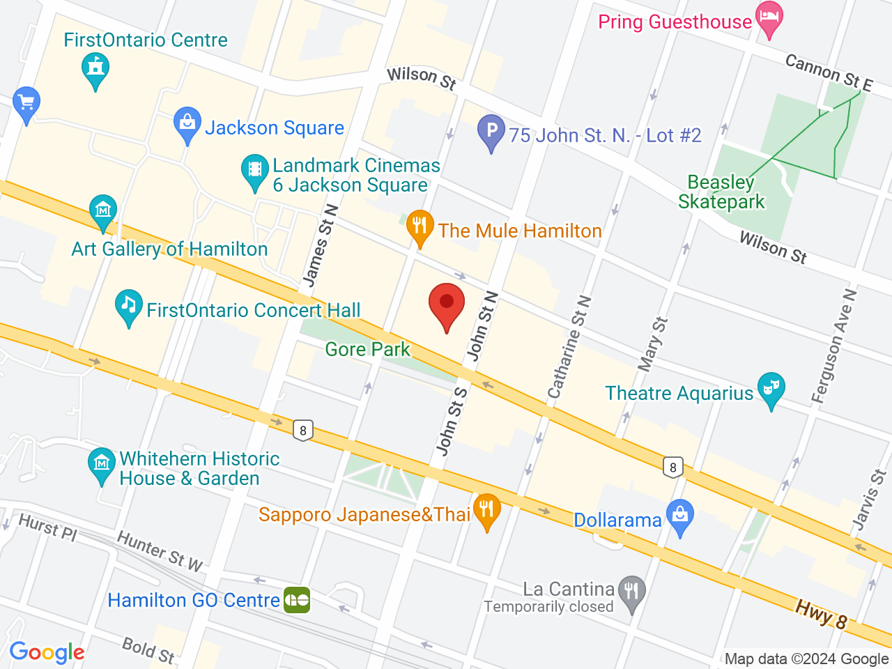 Street map for Queen George Cannabis, 67 King St E, Hamilton ON