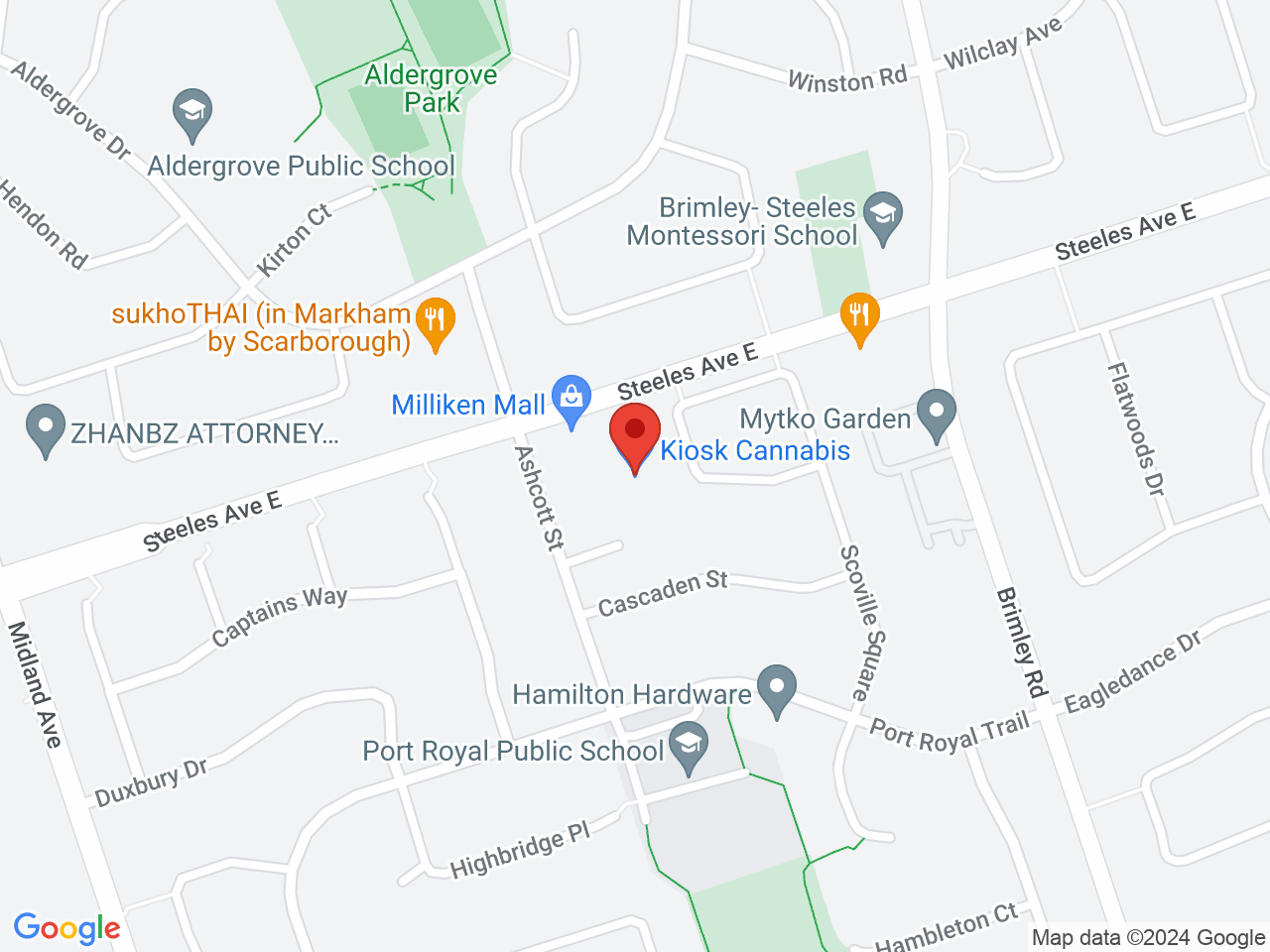 Street map for Kiosk Cannabis, 4915 Steeles Ave E Unit 11, Scarborough ON