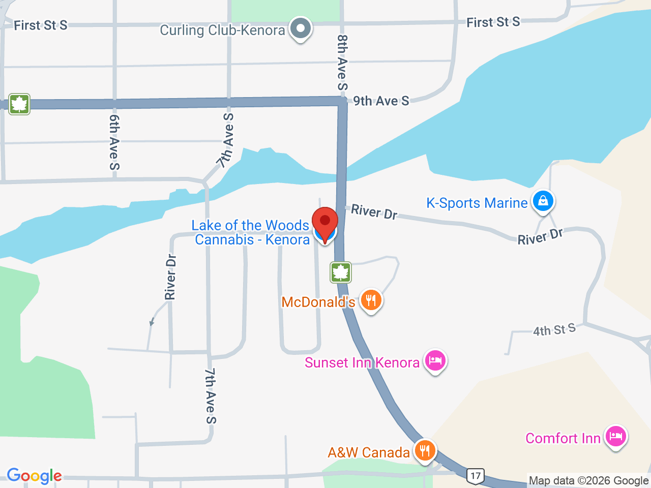 Street map for Lake of the Woods Cannabis, 809 River Dr, Kenora ON