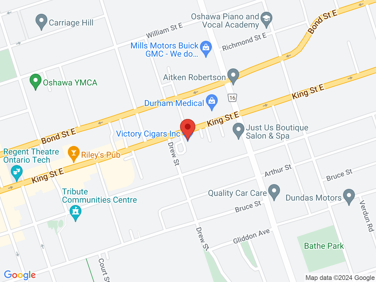 Street map for Old West Cannabis Company, 215 King St E, Oshawa ON