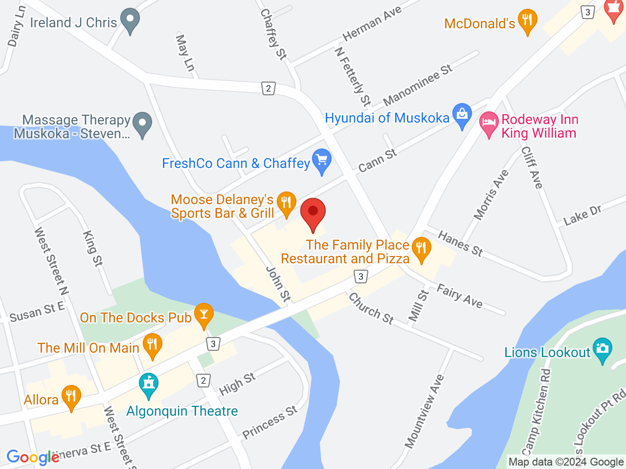 Street map for Puffin's Cannabis, 96 Main St E Unit E, Huntsville ON