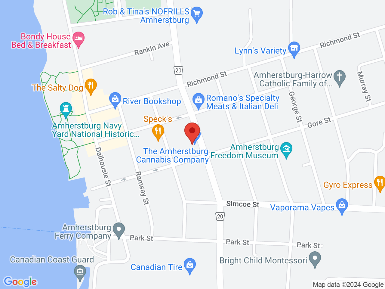 Street map for The Amherstburg Cannabis Co, 268 Sandwich St S, Amherstburg ON