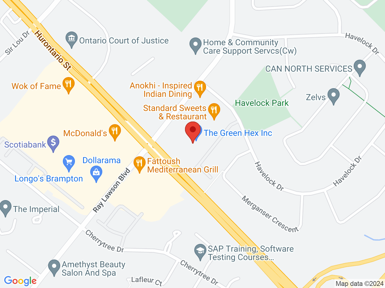 Street map for The Green Hex Cannabis Co, 200 County Court Blvd., Suite A2, Brampton ON