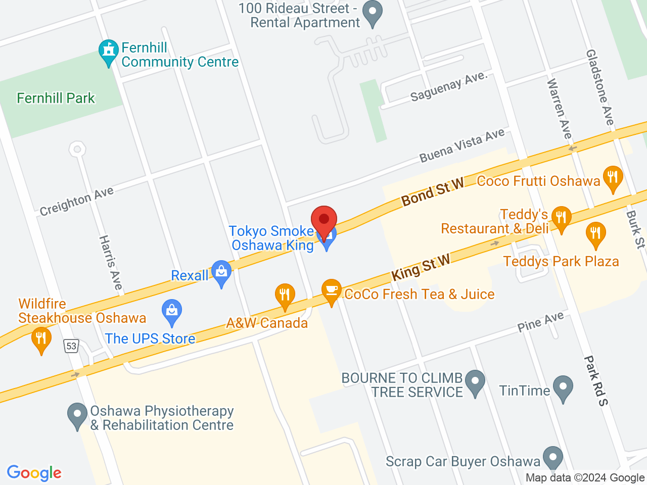 Street map for Tokyo Smoke, 400 King St W Unit 7, Oshawa ON