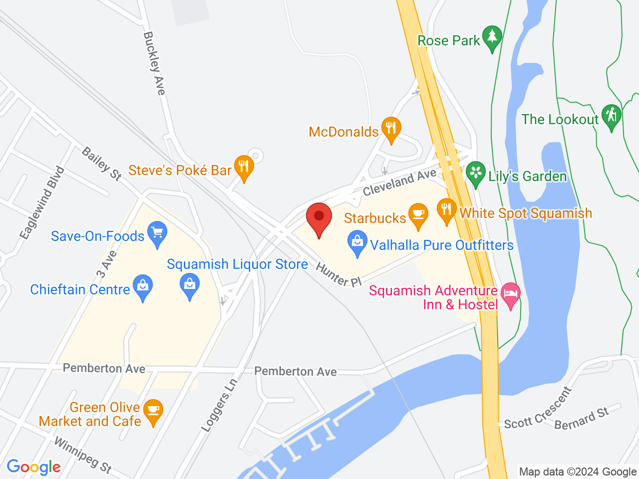 Street map for 99 North Cannabis Store, 130-1200 Hunter Place, Squamish BC