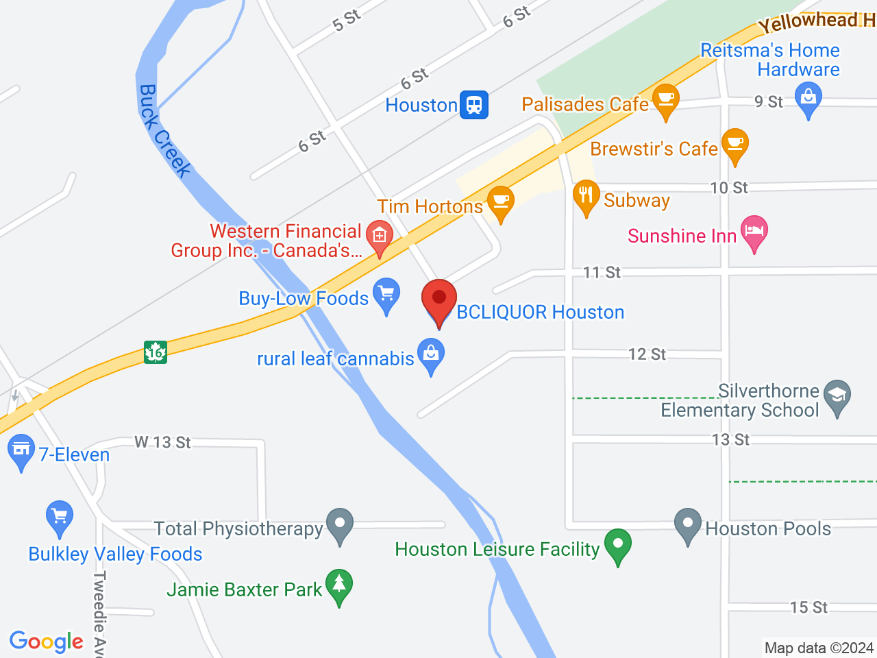 Street map for Rural Leaf Cannabis, 3232 Highway 16 West, Unit 11, Houston BC