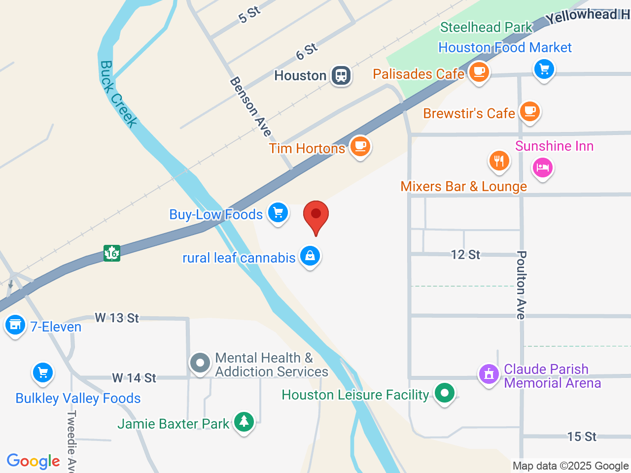 Street map for Rural Leaf Cannabis, 3232 Highway 16 West, Unit 11, Houston BC