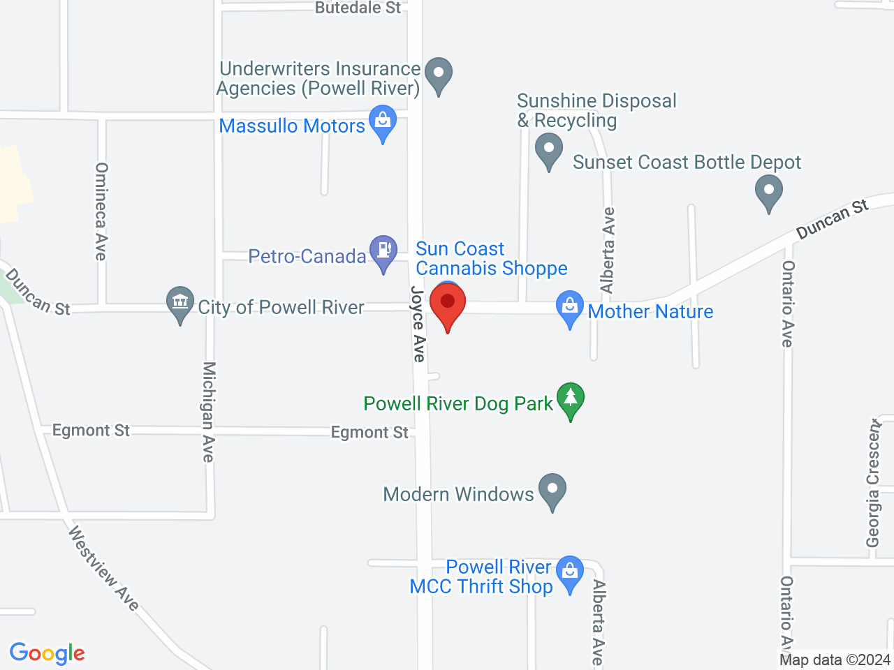 Street map for Sun Coast Cannabis Shoppe, 7010 Duncan St #102, Powell River BC