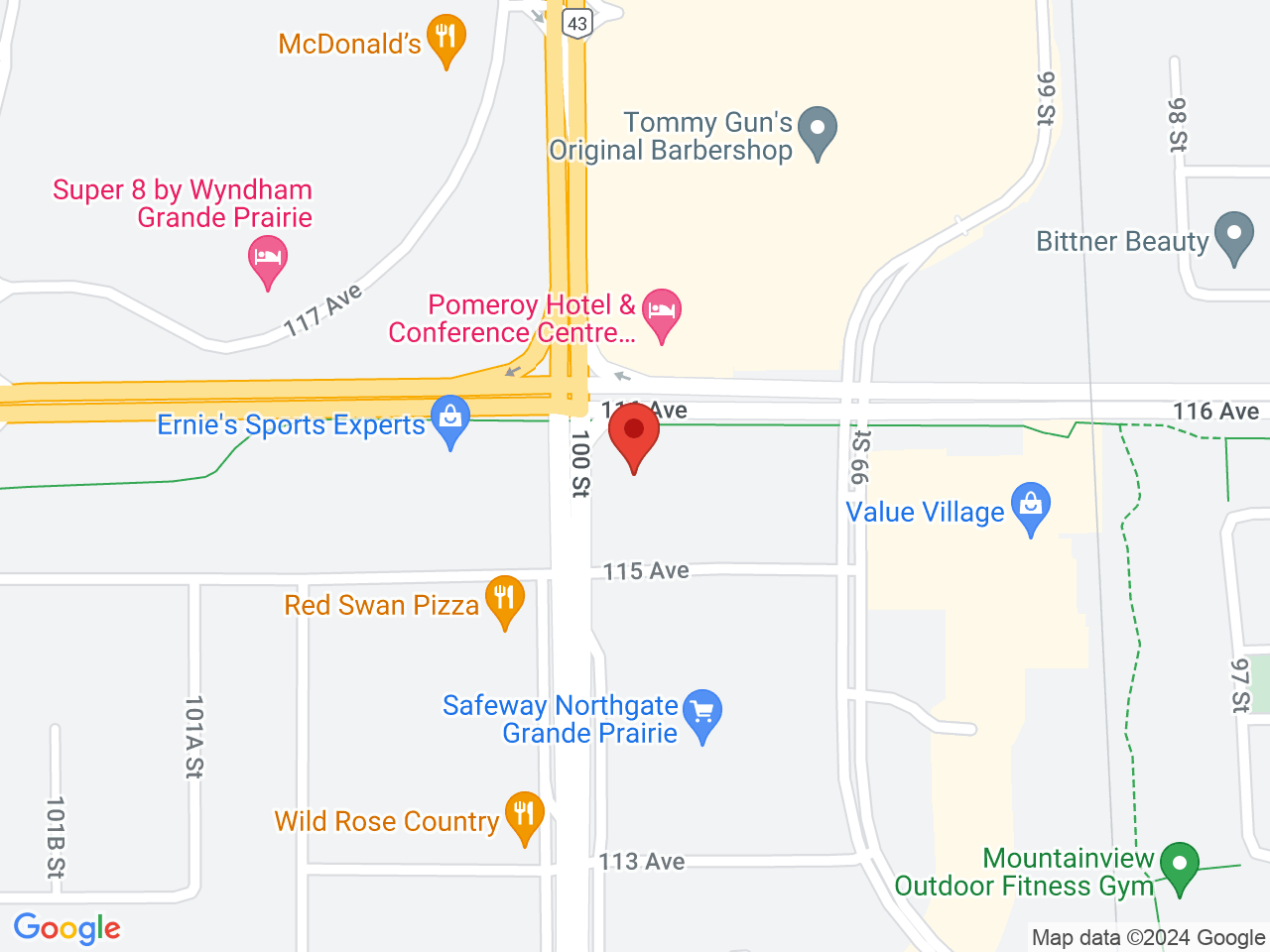 Street map for Budding Creations Cannabis Store, 103-9927 116 Ave, Grande Prairie AB