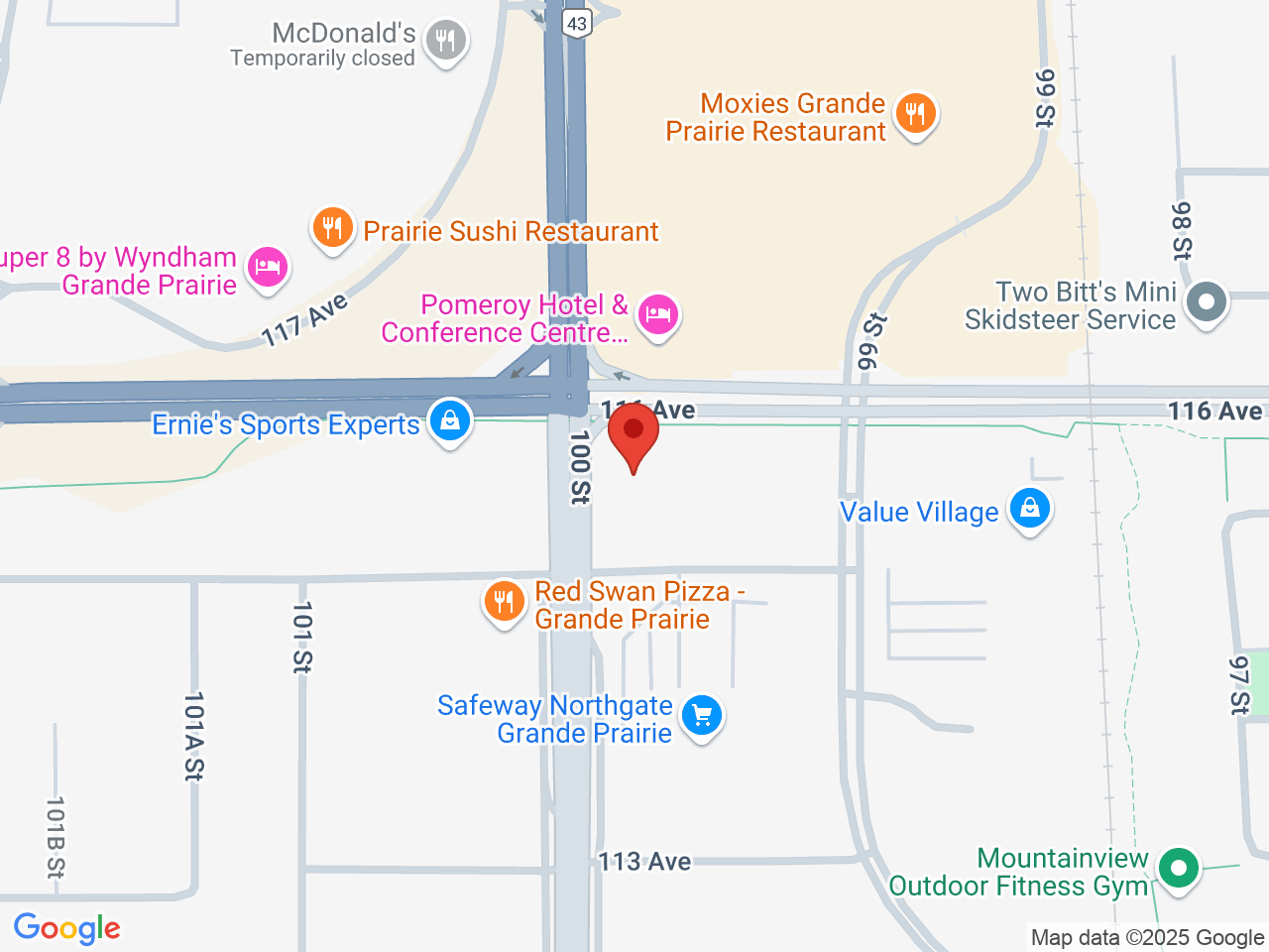 Street map for Budding Creations Cannabis Store, 103-9927 116 Ave, Grande Prairie AB