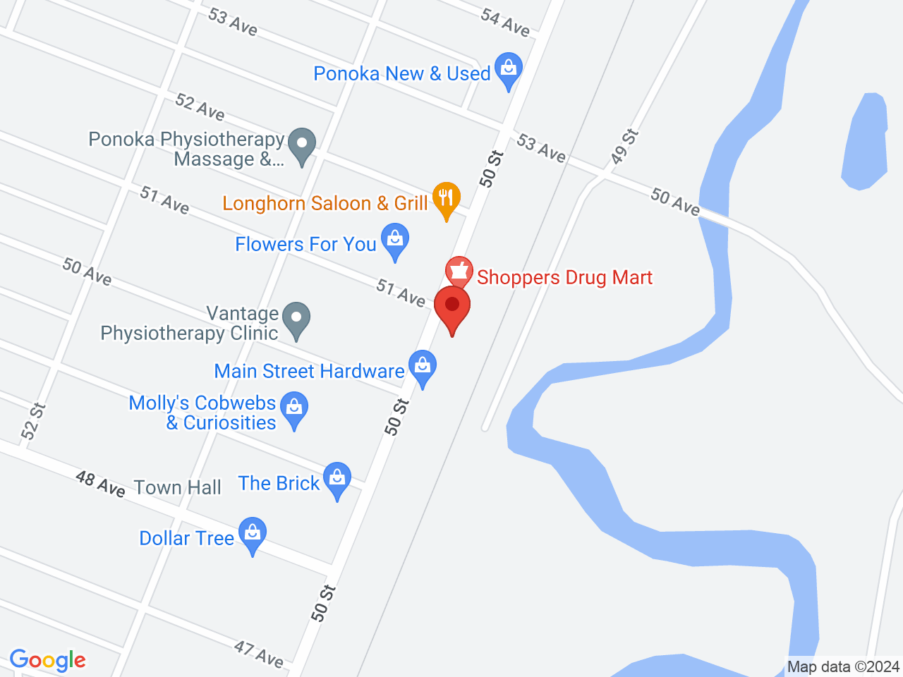 Street map for Firestone Cannabis, 3-5015 50 Street, Ponoka AB
